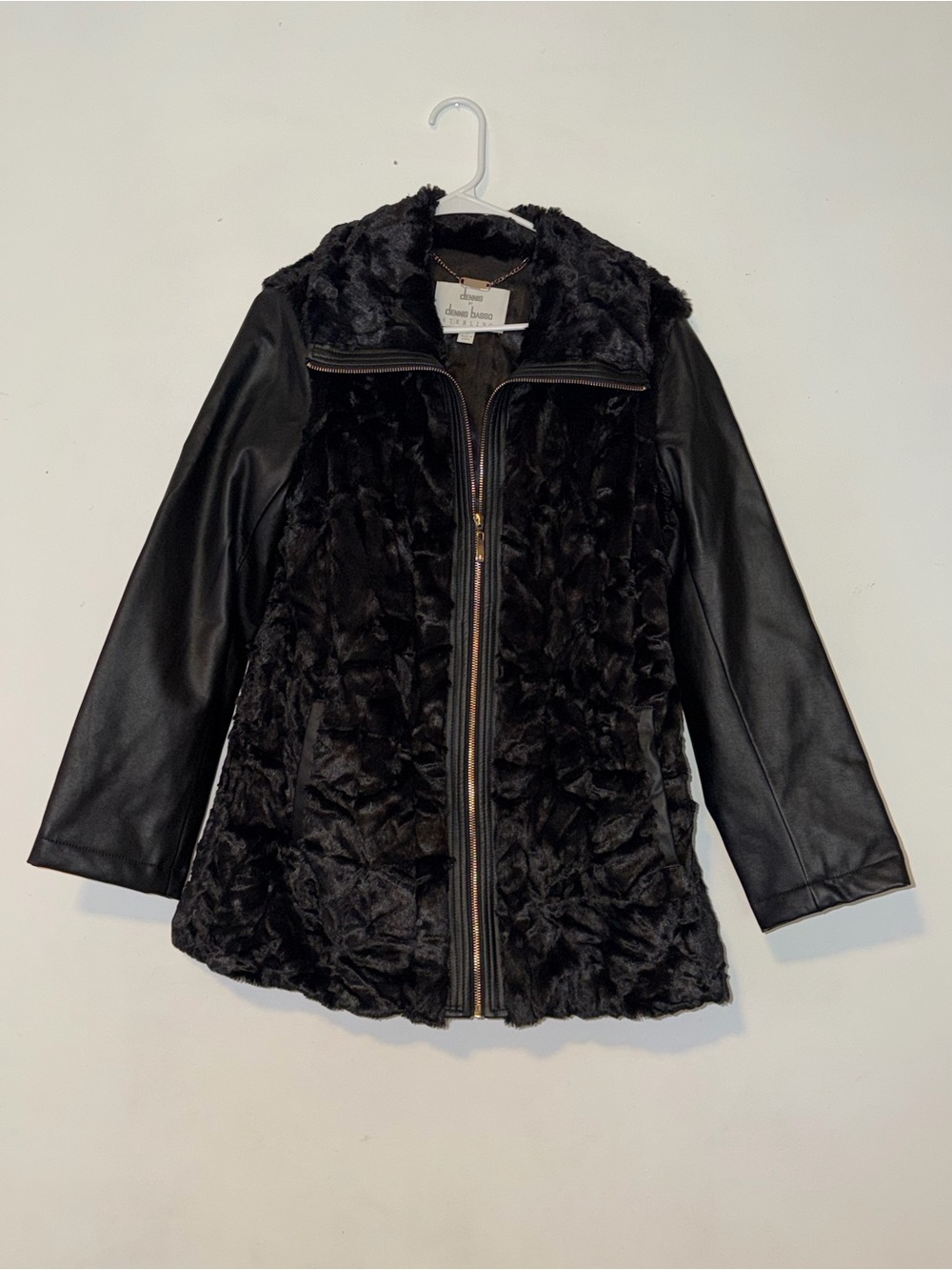 dennis basso Black Faux Fur Front Jacket with Leather Sleeves